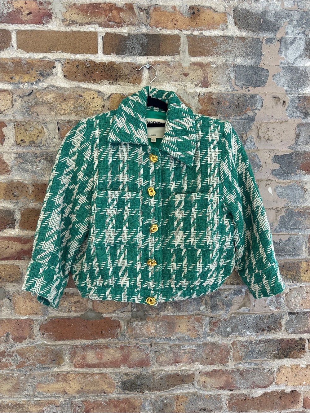 L'AGENCE Green & White Tweed Cropped Blazer with Gold Buttons